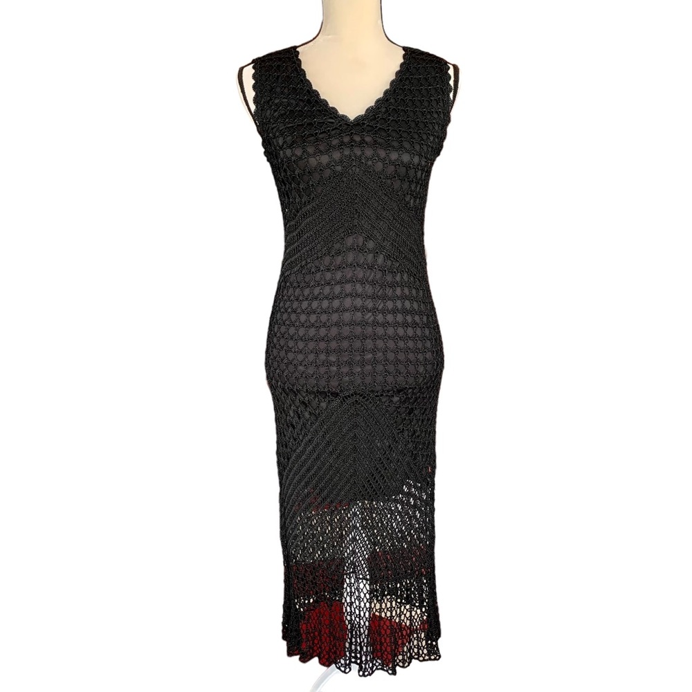 Vintage Kroshetta by Papillon Crochet Overlay Sleeveless V-Neck Maxi Dress